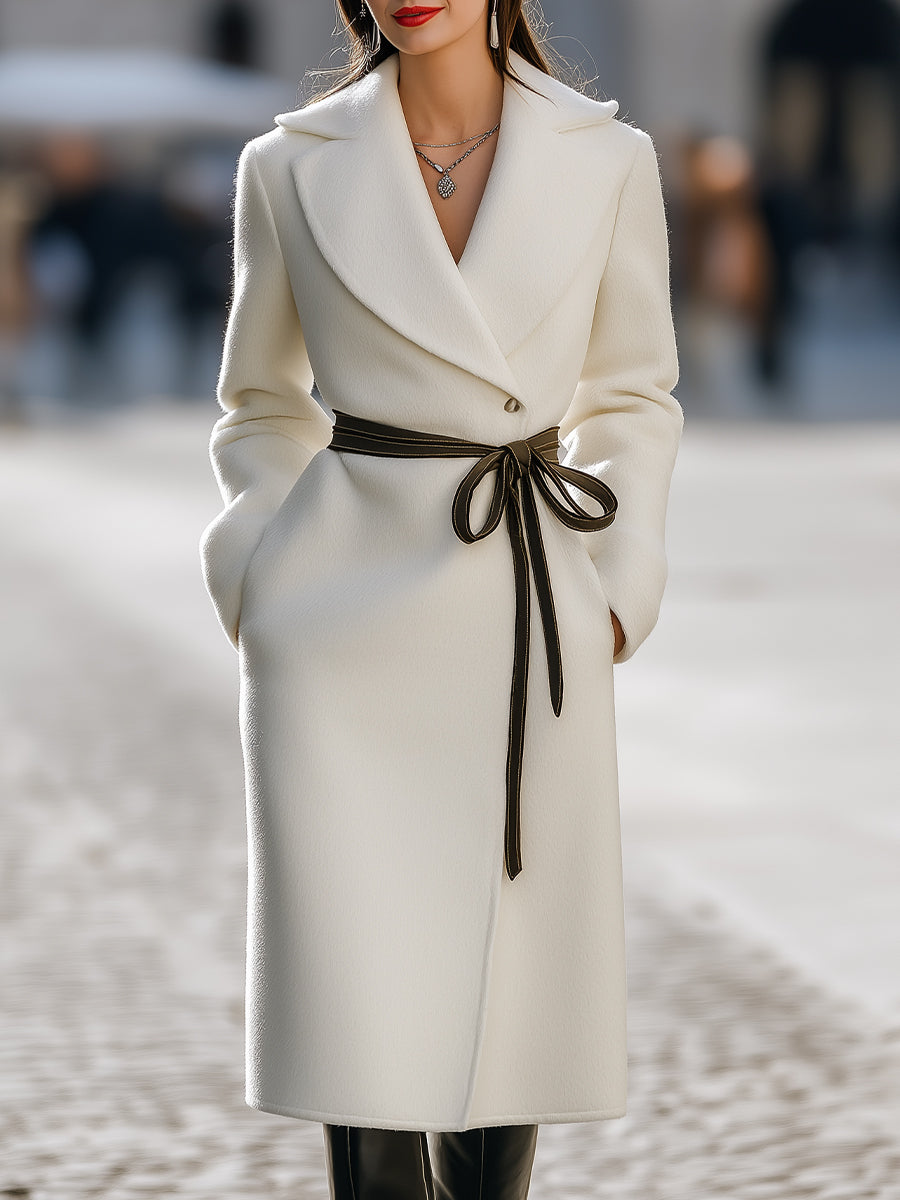 Ivory Wool-Blend Coat With Contrast Tie Belt