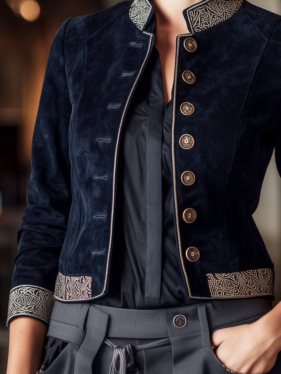 Navy Suede Embroidered Military-Inspired Jacket