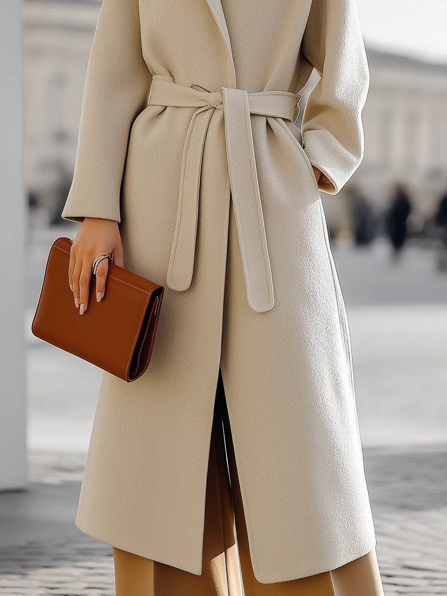 Beige Wool Wrap Coat With Self-Tie Belt