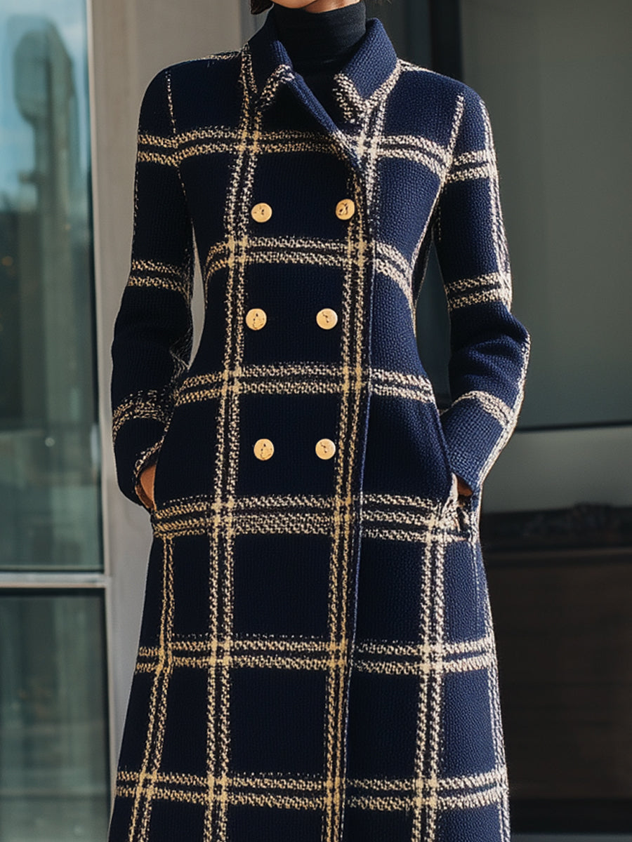Navy Plaid Wool-Blend Double-Breasted Coat