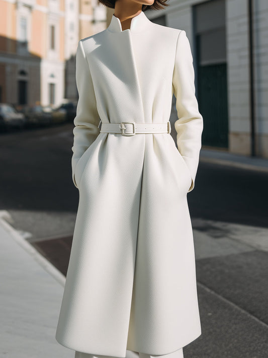 White Belted Structured Midi Coat