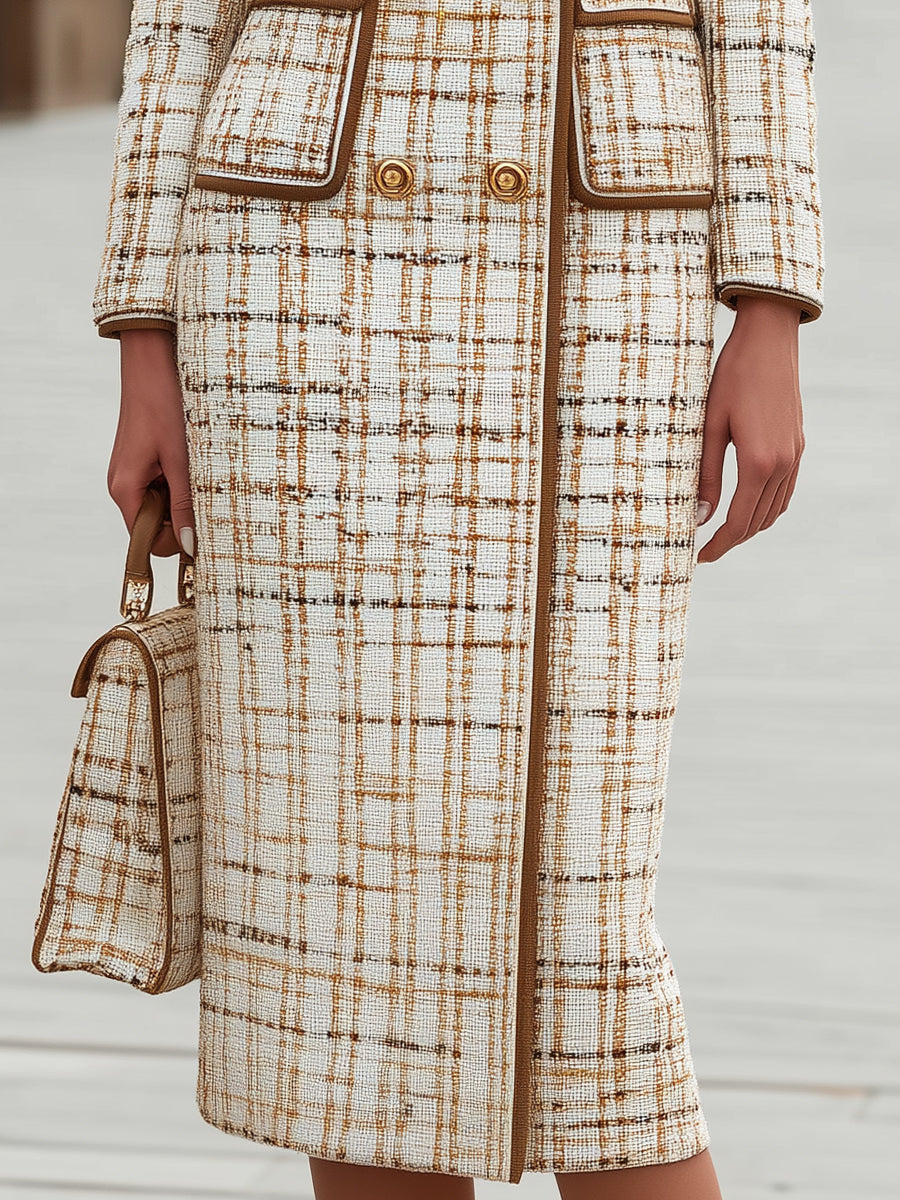 Contrast Trim Tweed Double-Breasted Longline Coat