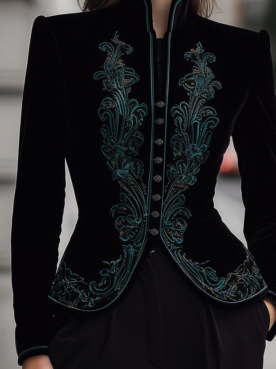 Elegant Velvet Embroidered Tailored Jacket With Buttons