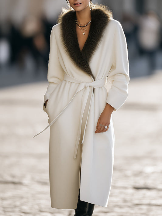 Ivory Wool Coat With Fur Collar And Belt