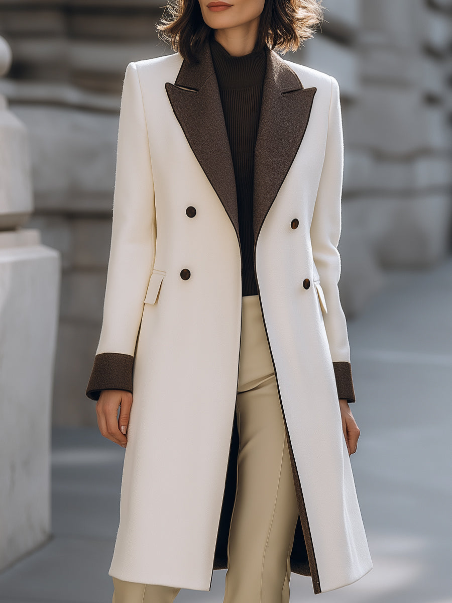Wool-Blend Contrast Lapel Long Coat