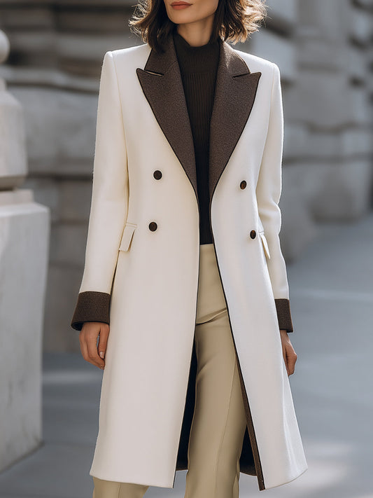 Wool-Blend Contrast Lapel Long Coat