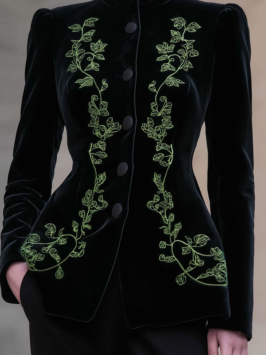 High Neck Velvet Embroidered Tailored Jacket