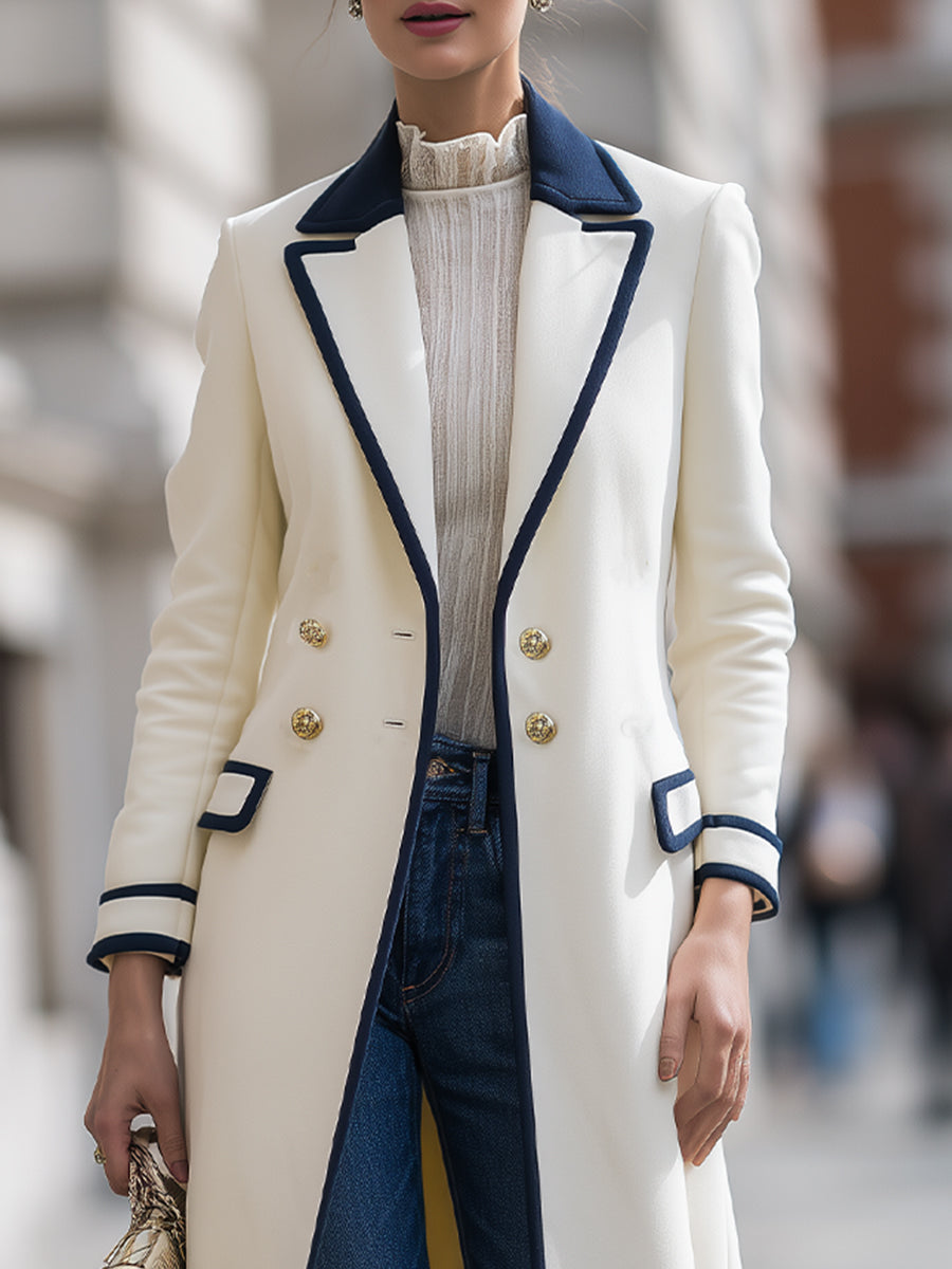 Legant White Double - Breasted Coat With Navy Contrast Trim
