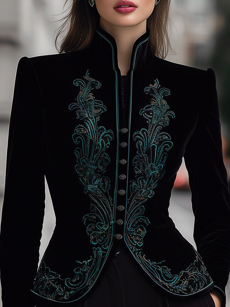 Elegant Velvet Embroidered Tailored Jacket With Buttons