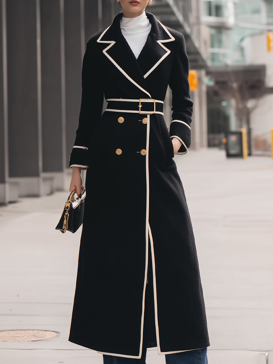 Elegant Contrast-Trim Double-Breasted Belted Long Coat