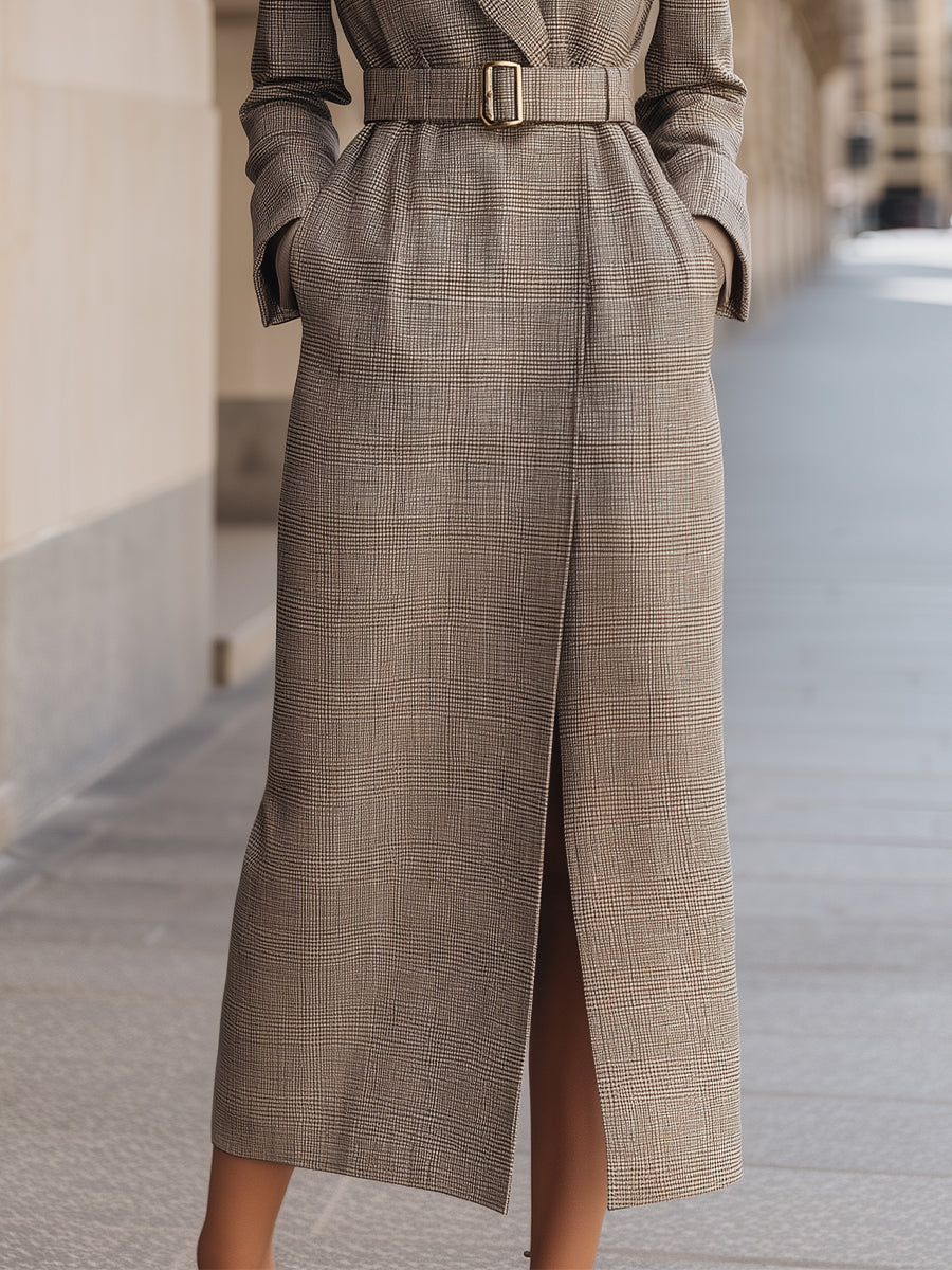 Structured Plaid Belted Longline Coat