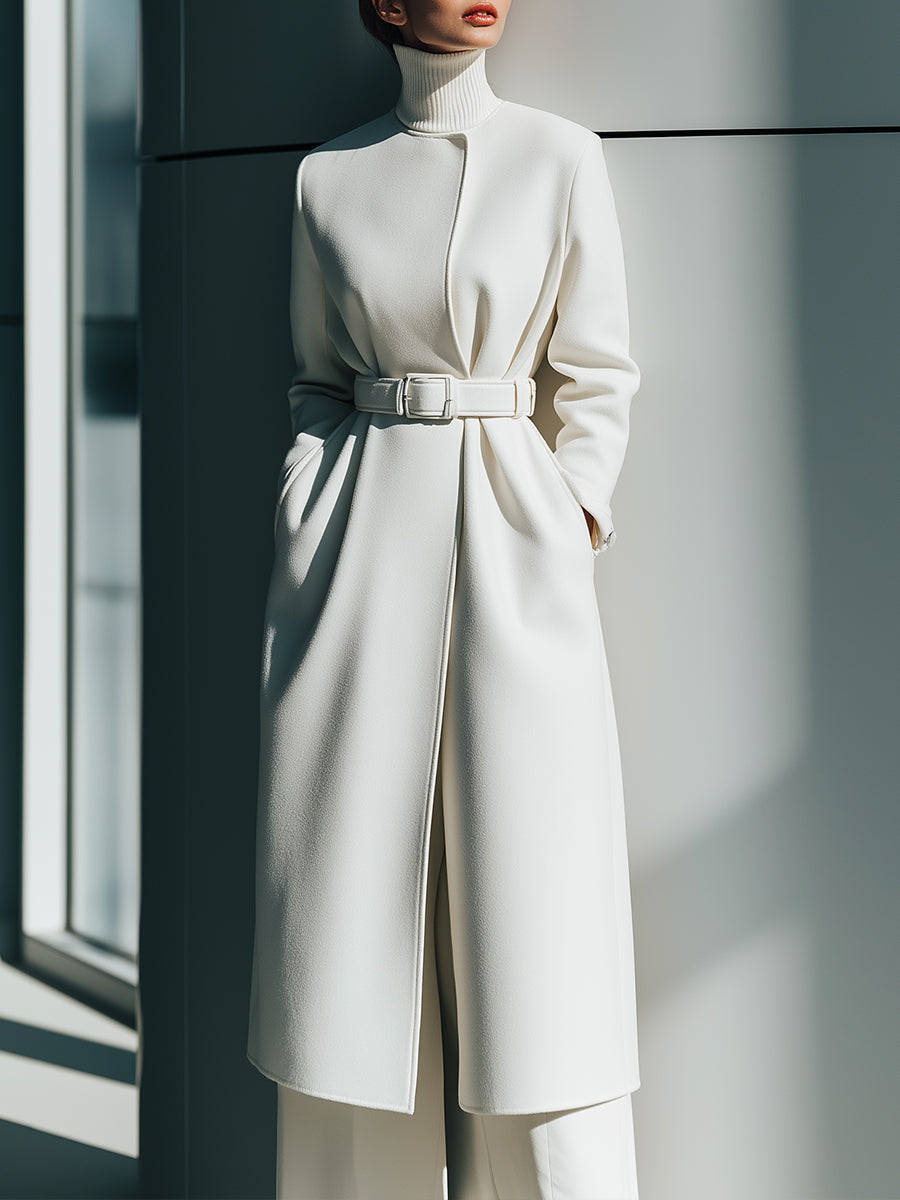 White Belted Minimalist Wool Coat
