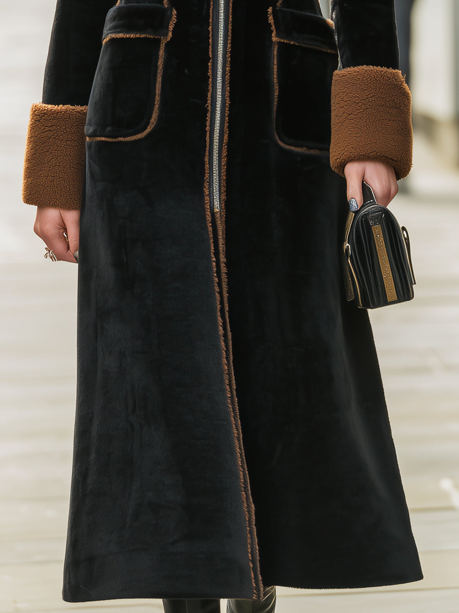 Elegant Contrast Trim Long Plush Coat