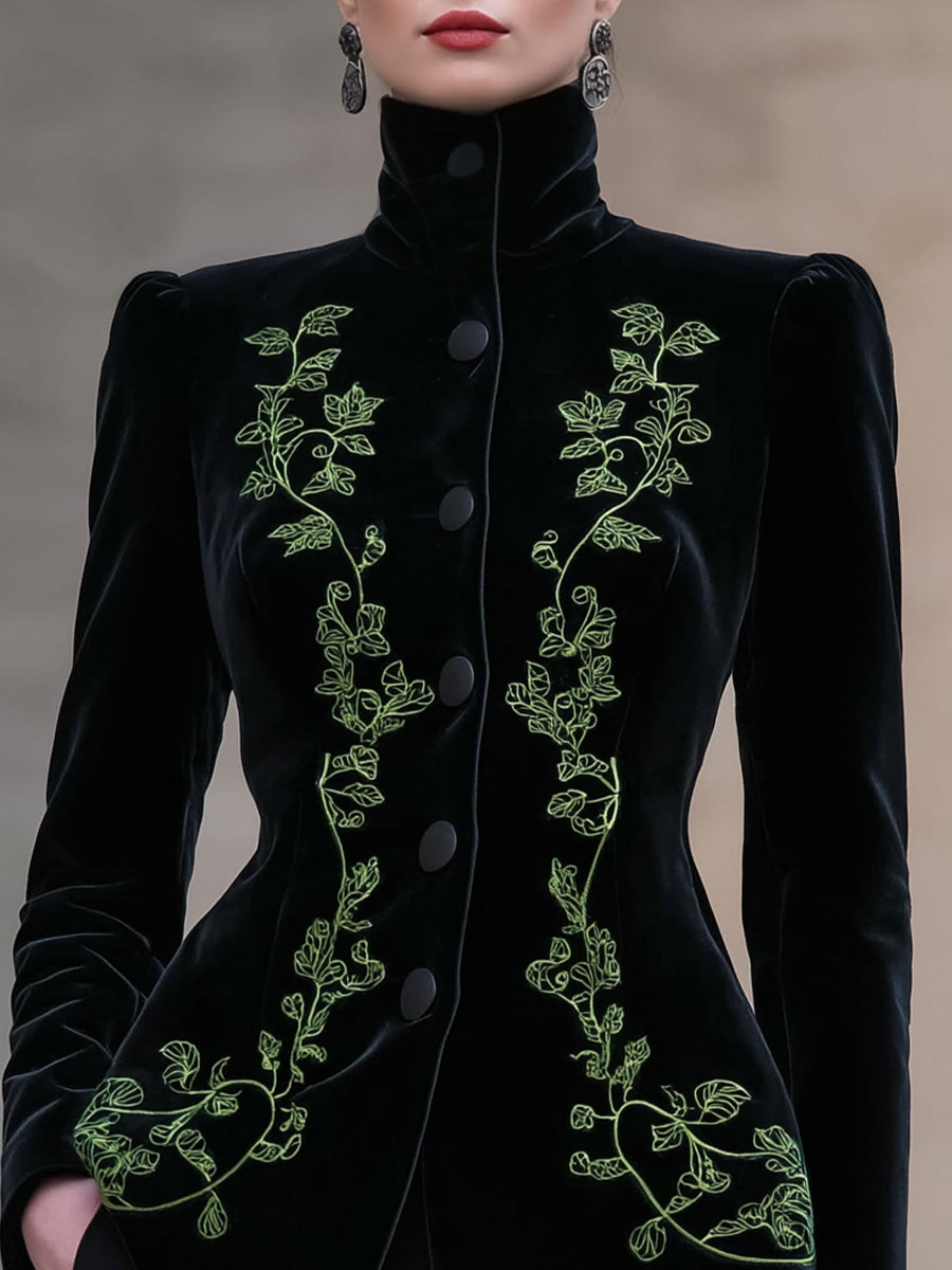 High Neck Velvet Embroidered Tailored Jacket