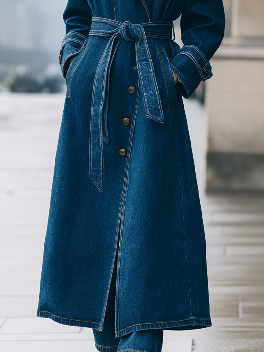 Longline Denim Trench Coat With Belt