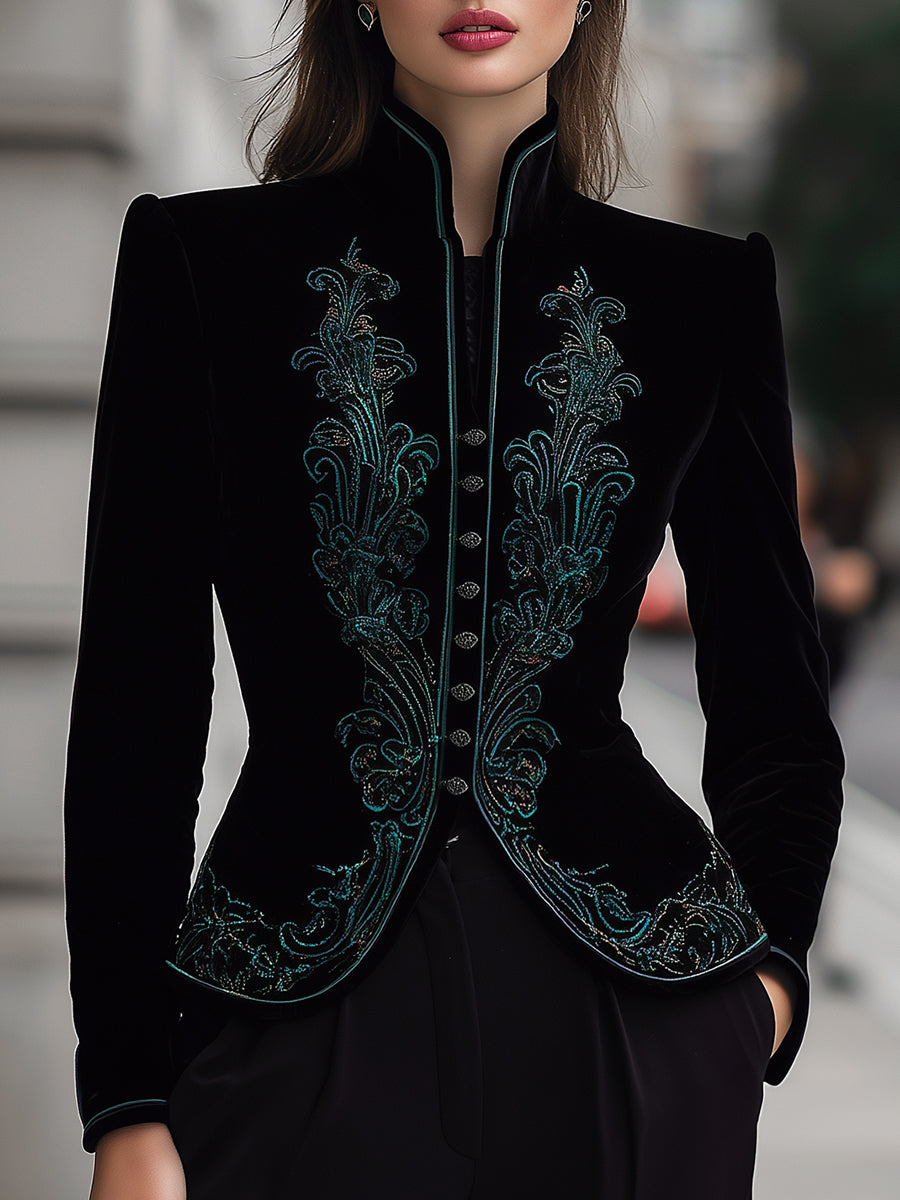 Elegant Velvet Embroidered Tailored Jacket With Buttons