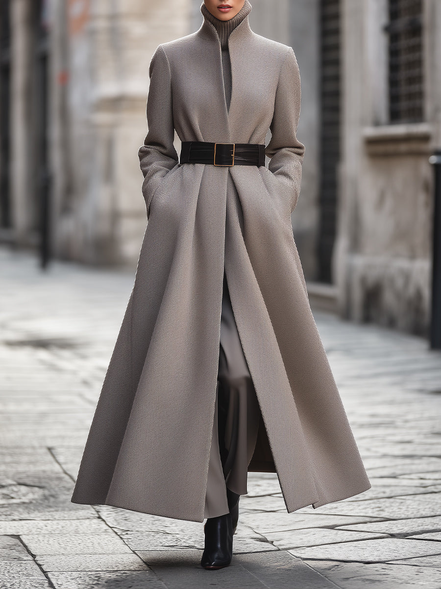 Taupe High-Collar Longline Coat With Belt
