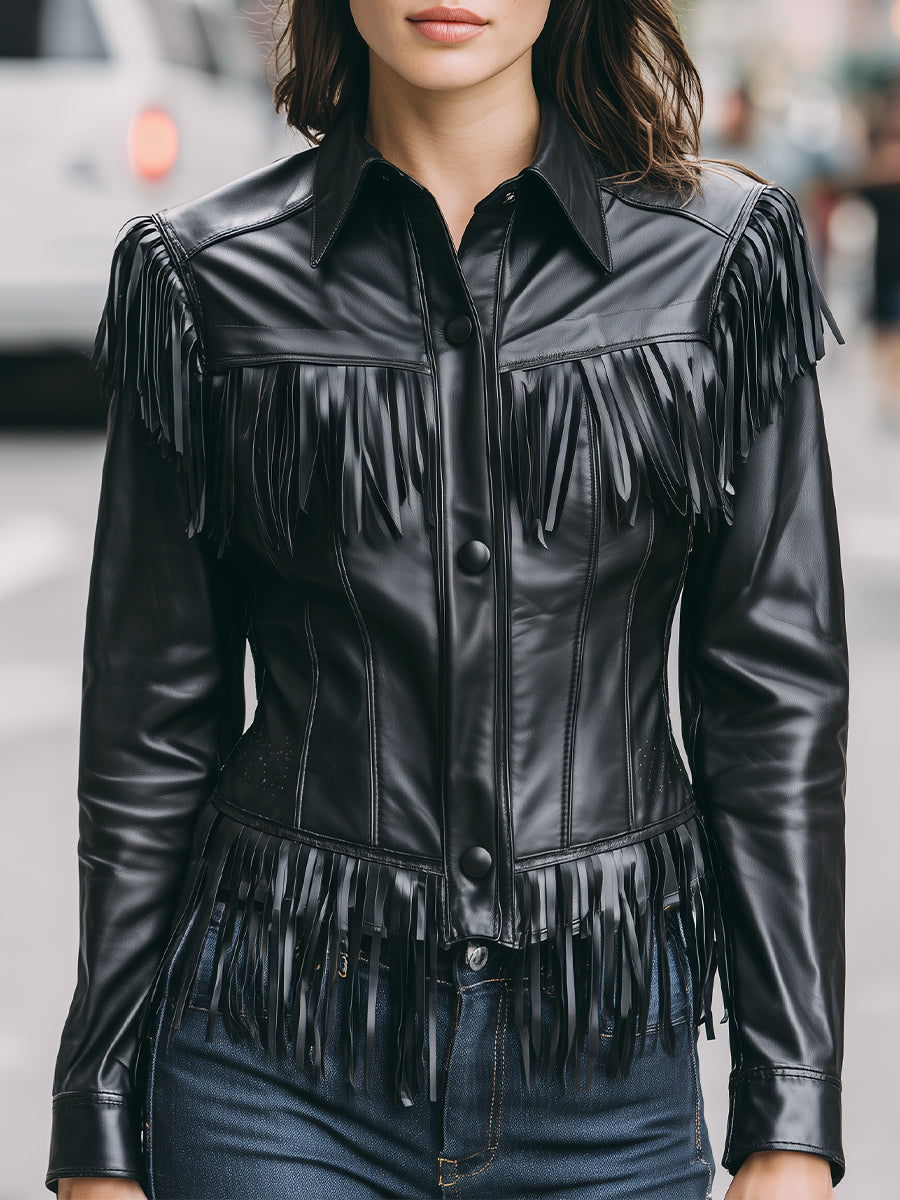 Mooyius Stylish Black Fringe Faux Leather Jacket