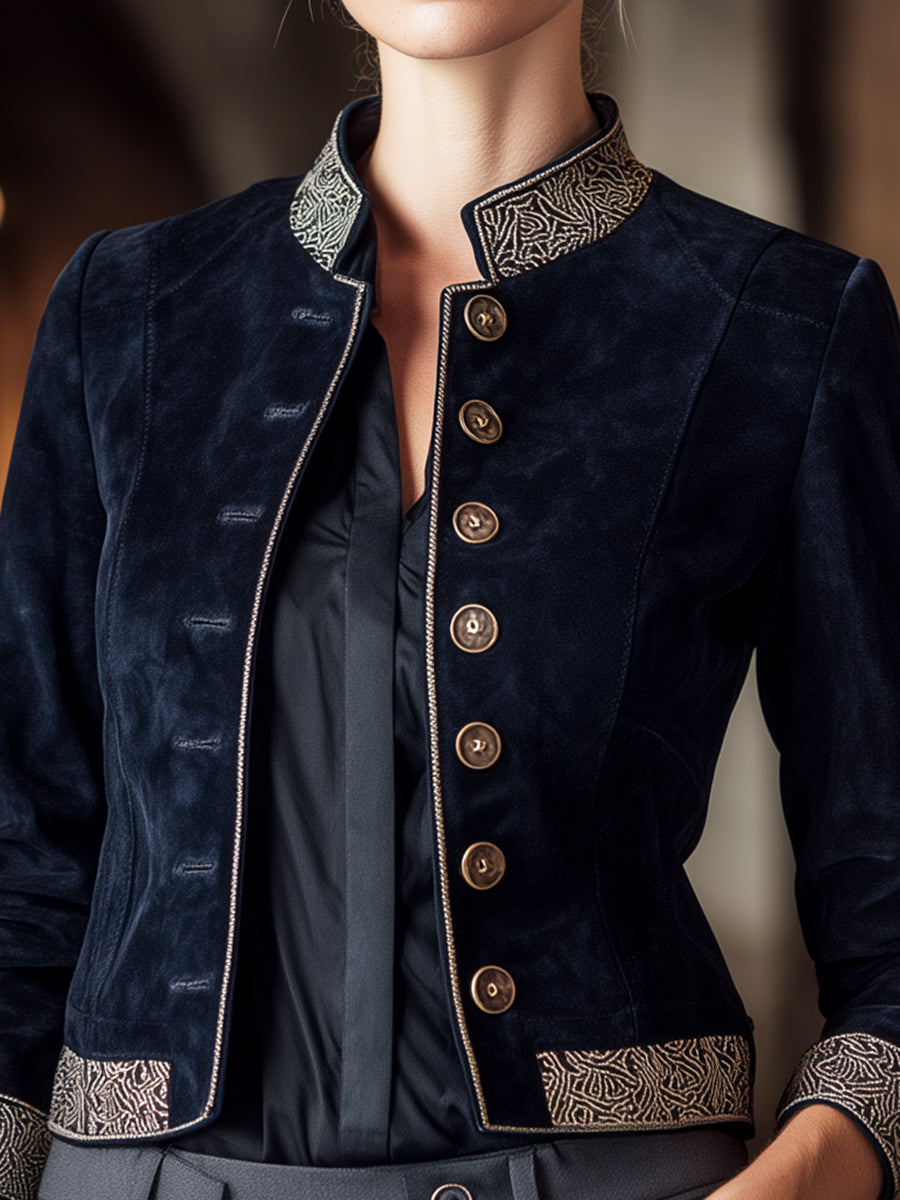 Navy Suede Embroidered Military-Inspired Jacket