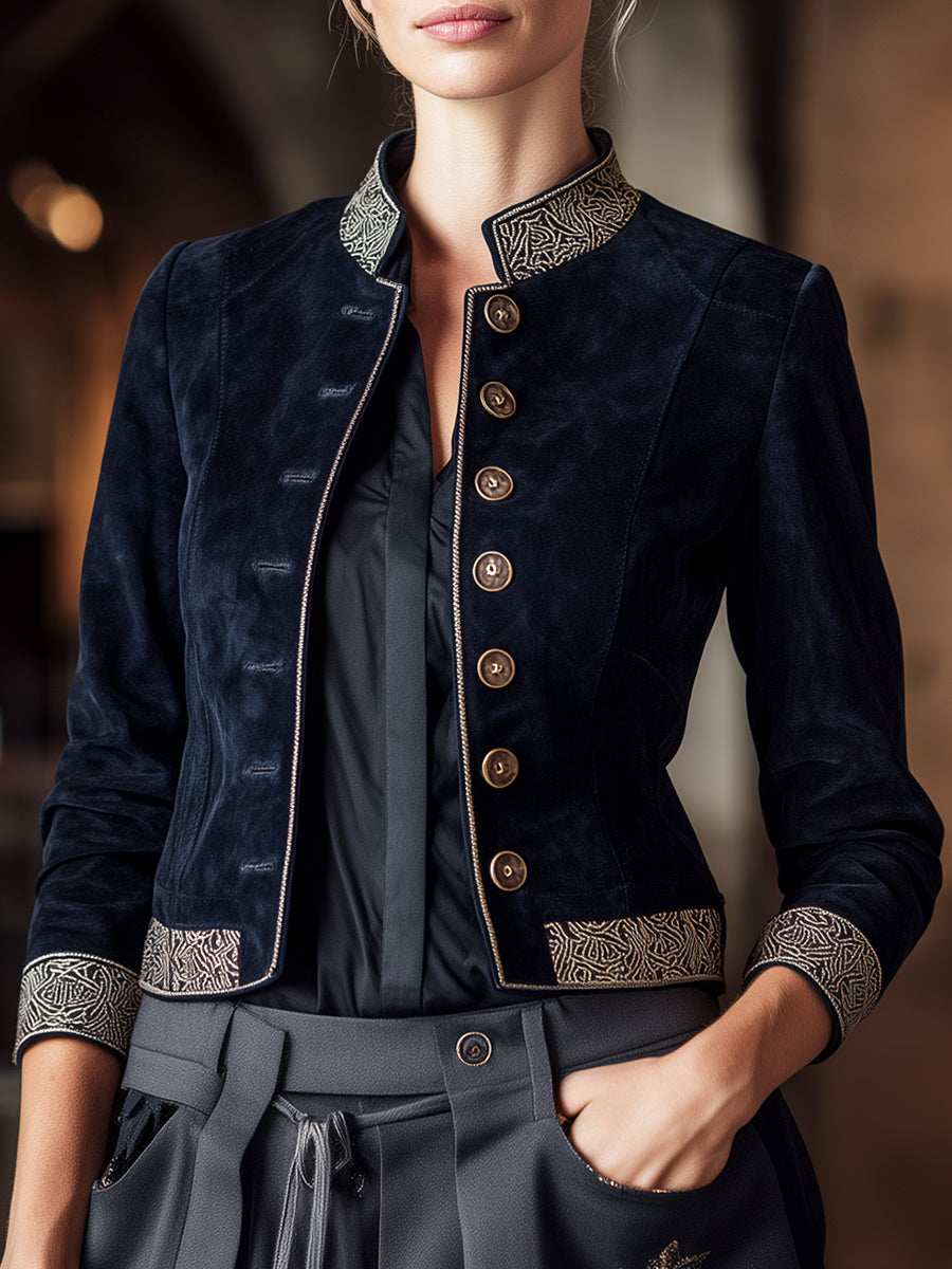 Navy Suede Embroidered Military-Inspired Jacket