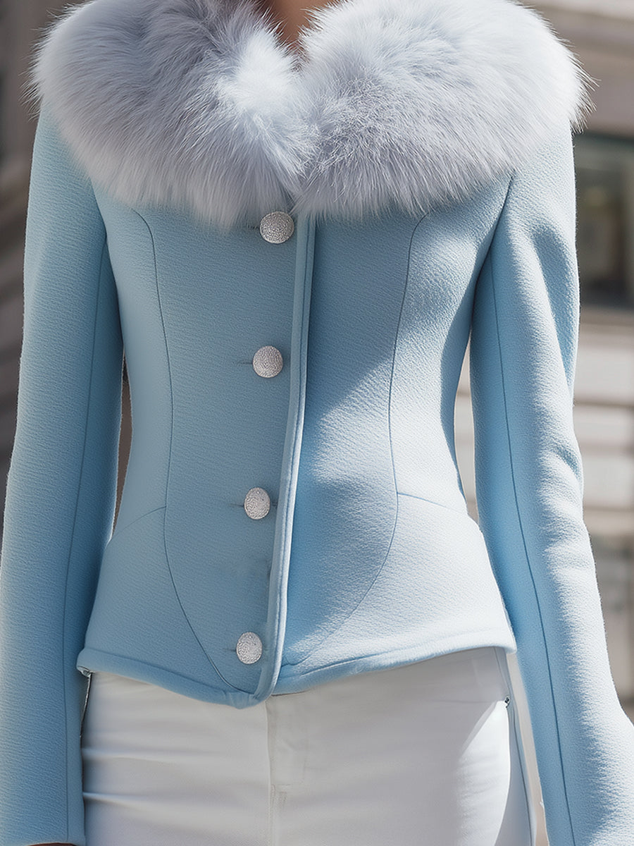 Elegant Light Blue Jacket With Fluffy Collar