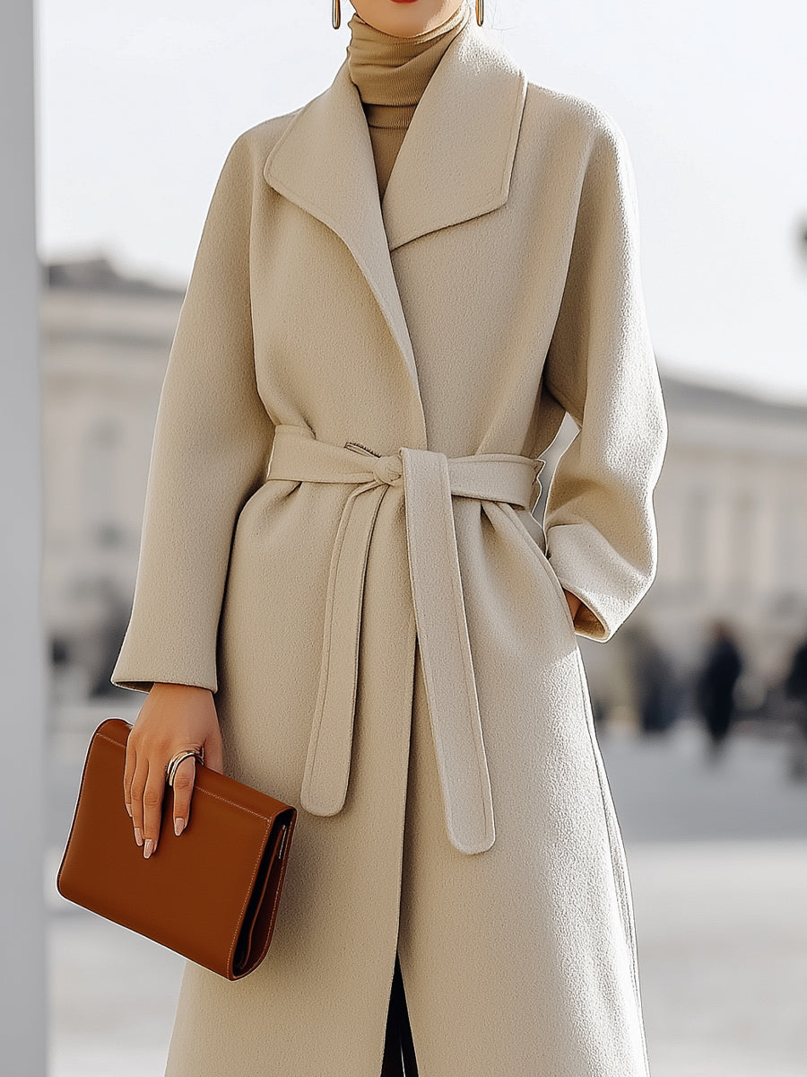 Beige Wool Wrap Coat With Self-Tie Belt