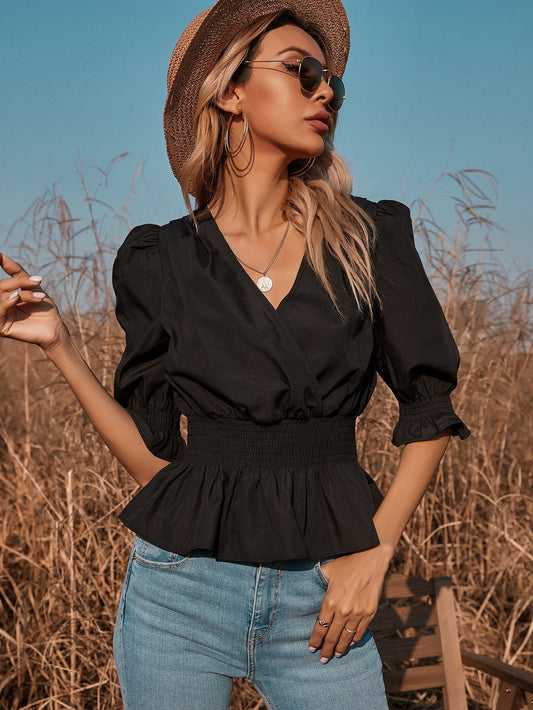 fermon - Black V-neck Puff Sleeve Short Top