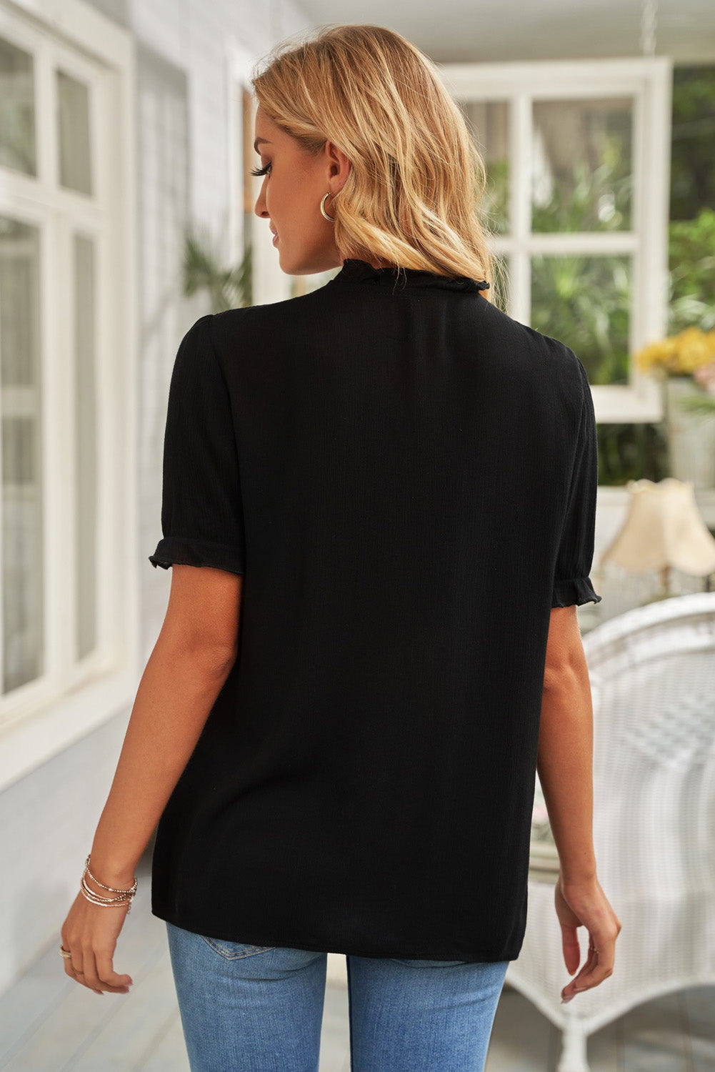 fermon - Casual Shirts Women Solid Ruffle Button Down Blouse Crewneck Short Sleeve Loose Tunic Top