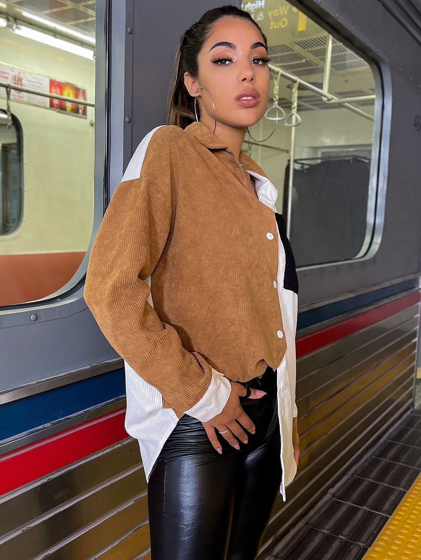 fermon - Color-block Drop Shoulder Button Front Blouse