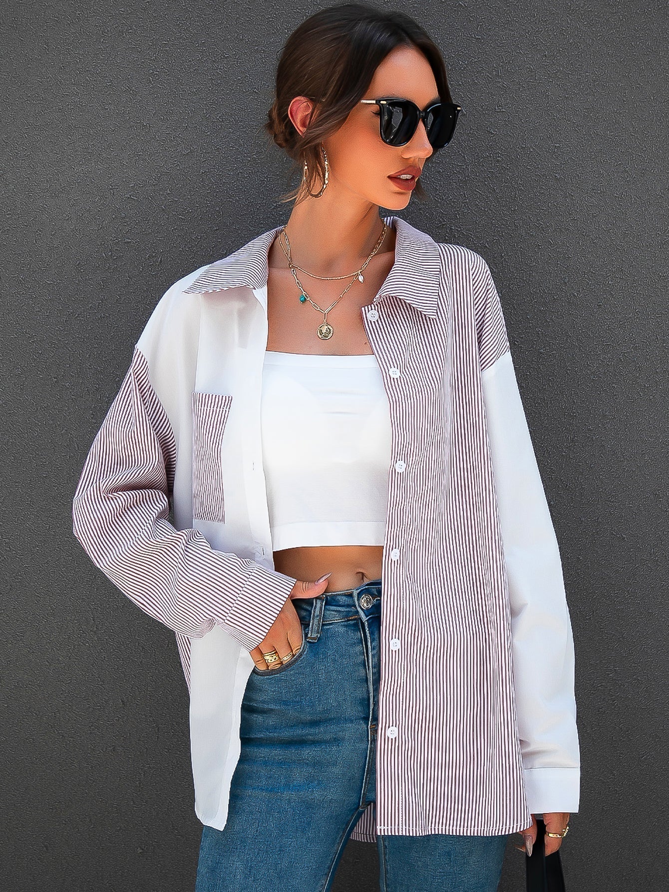 fermon - Colorblock Patch Pocket Striped Blouse