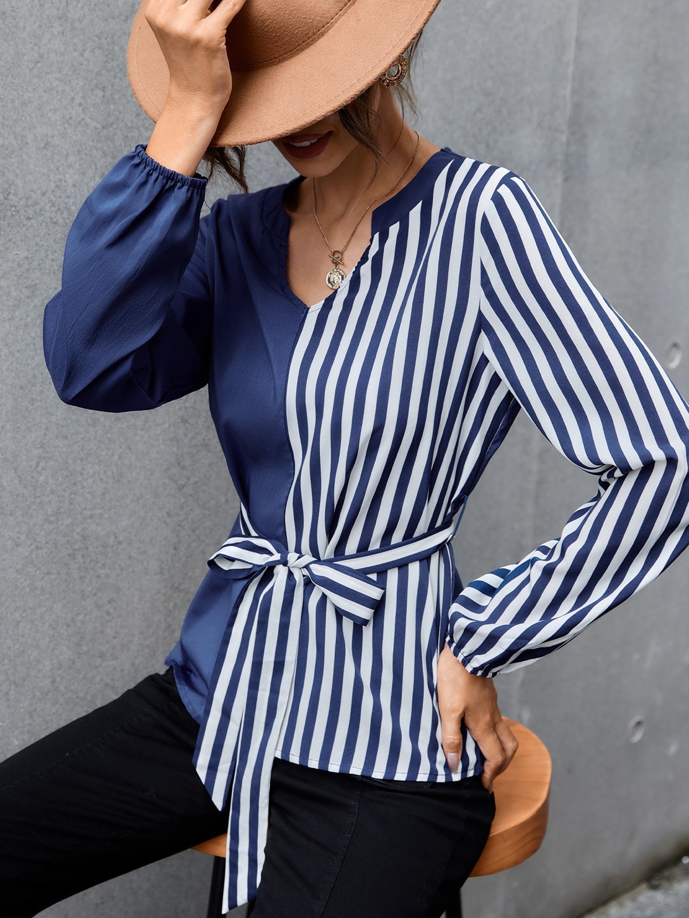 fermon - Colorblock Striped Self Tie Blouse