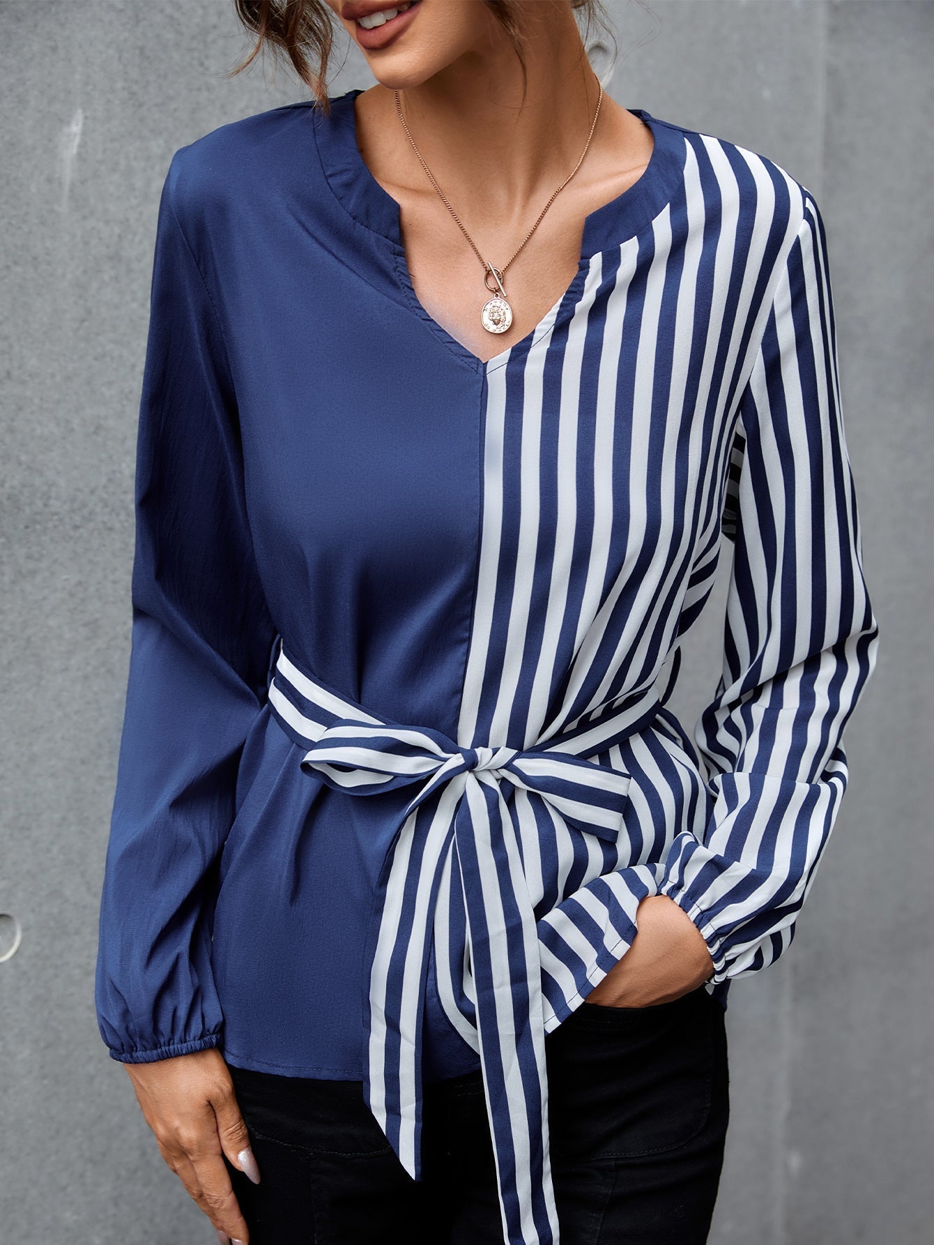 fermon - Colorblock Striped Self Tie Blouse