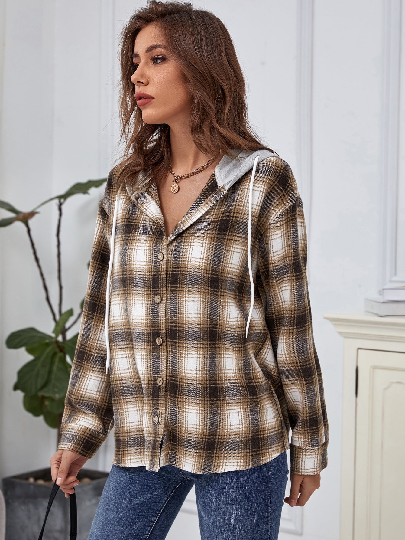 fermon - Contrast Hooded Plaid Blouse