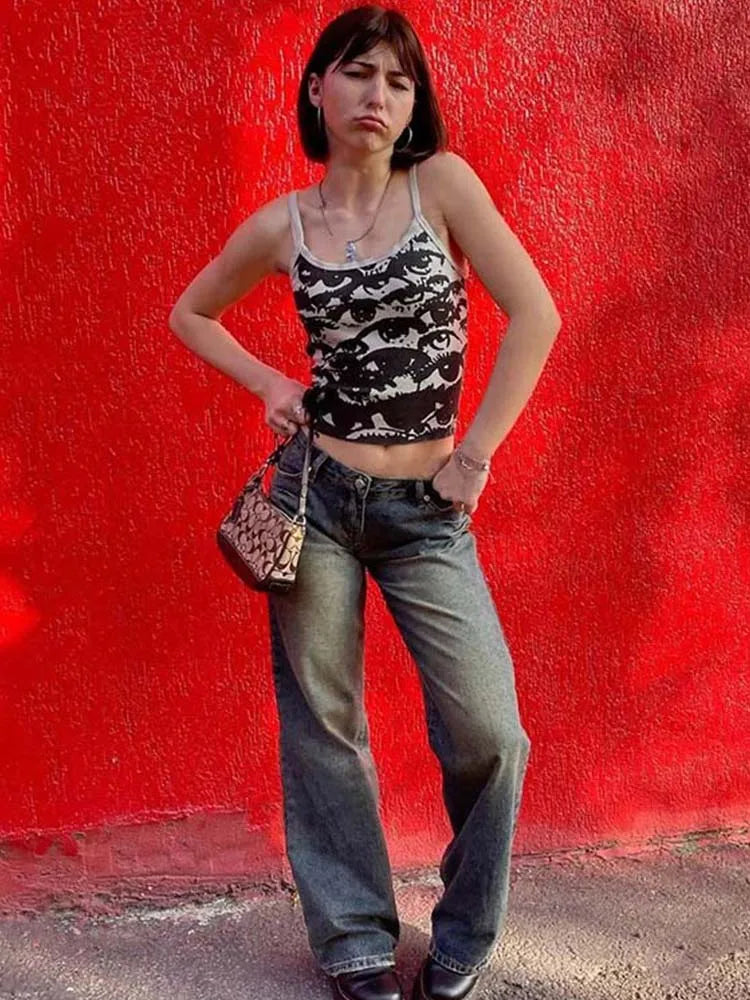 Harajuku Aesthetic Portrait Print White Suspenders Crop Top