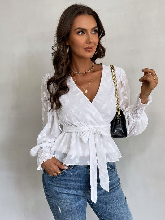 fermon - Jacquard Lantern Sleeve Shirred Cuff Belted Blouse