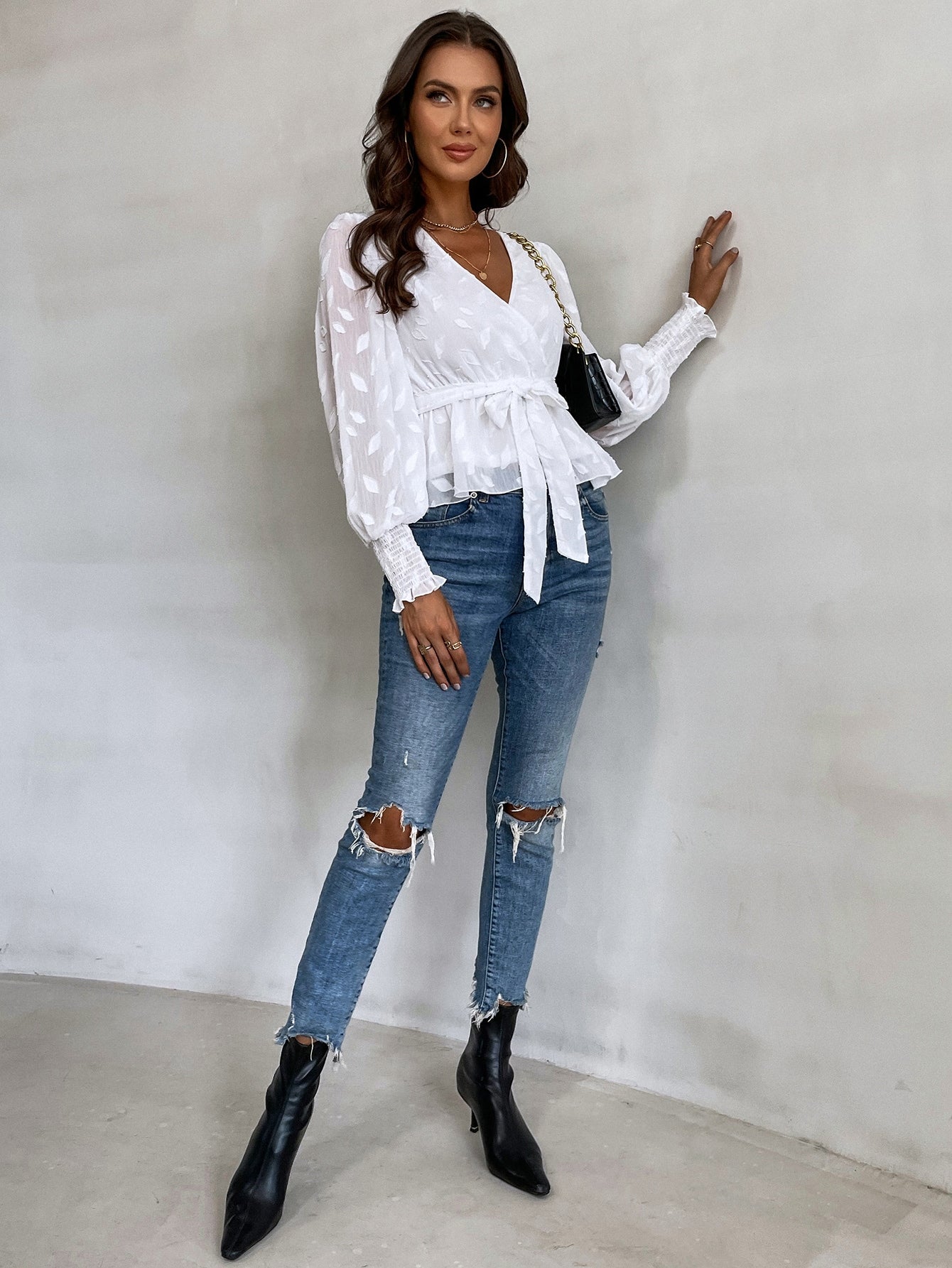 fermon - Jacquard Lantern Sleeve Shirred Cuff Belted Blouse