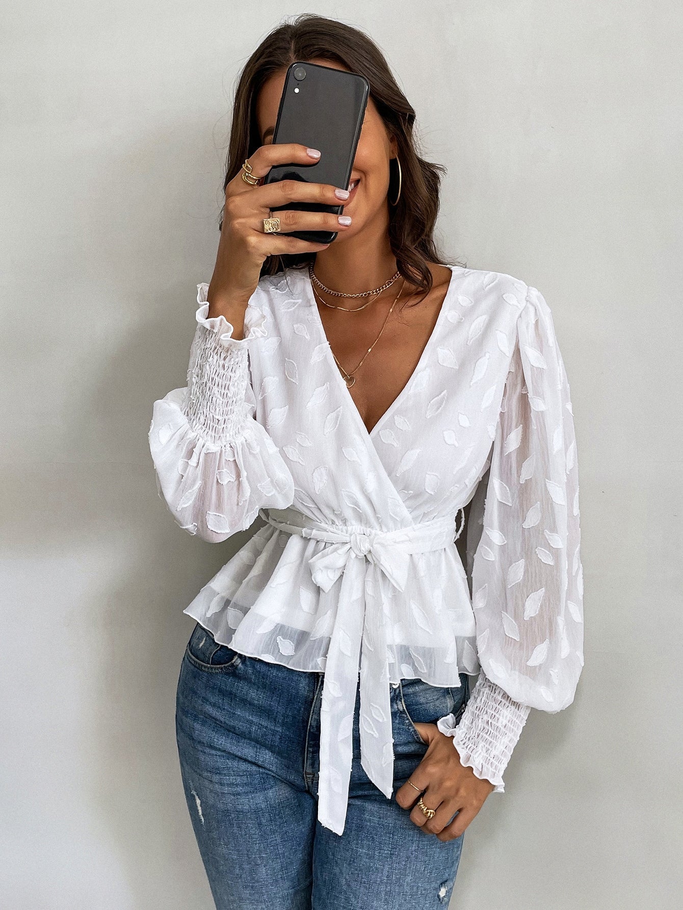 fermon - Jacquard Lantern Sleeve Shirred Cuff Belted Blouse