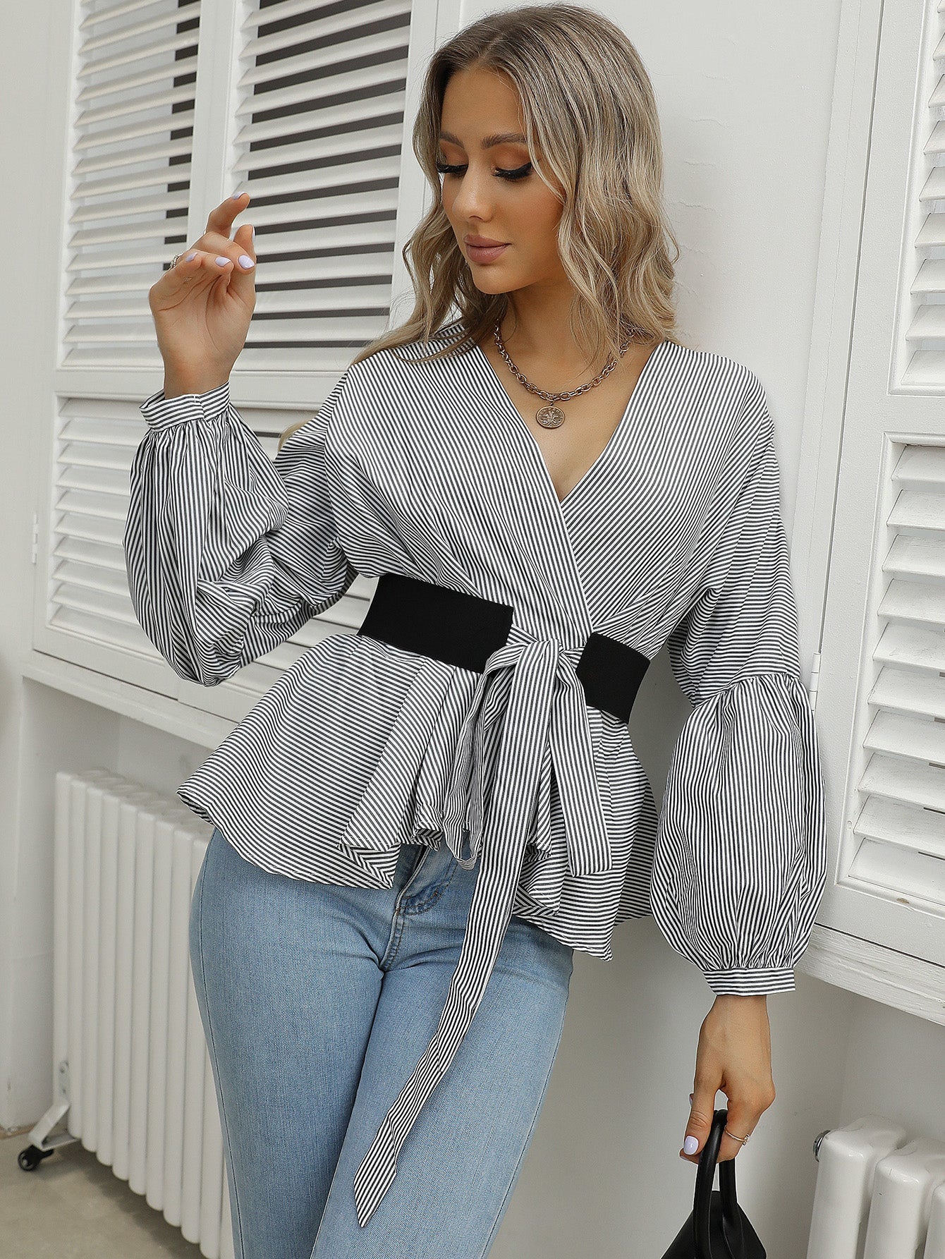 fermon - Lantern Sleeve Stripe V-neck Blouse
