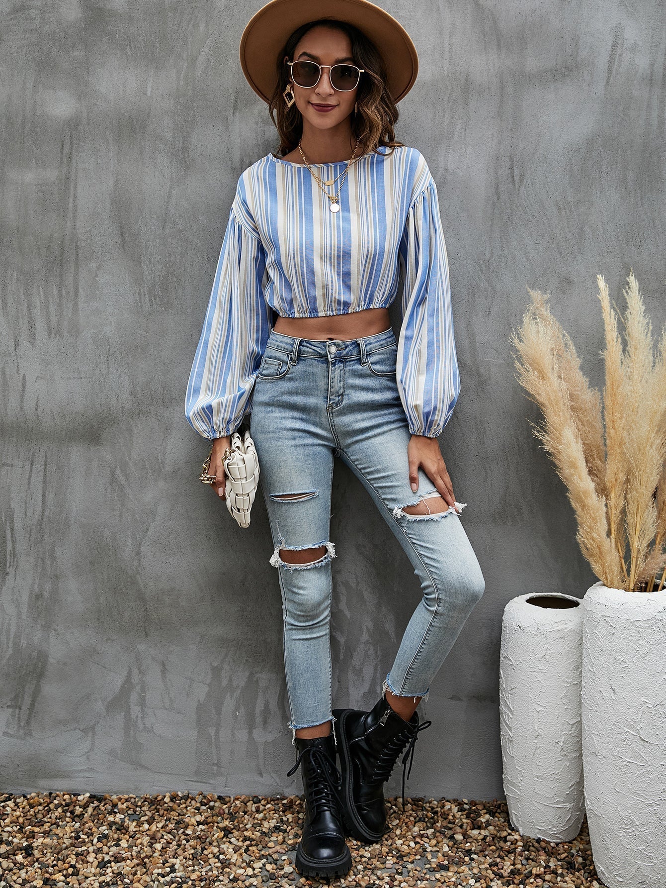 fermon - Lantern Sleeve Striped Top