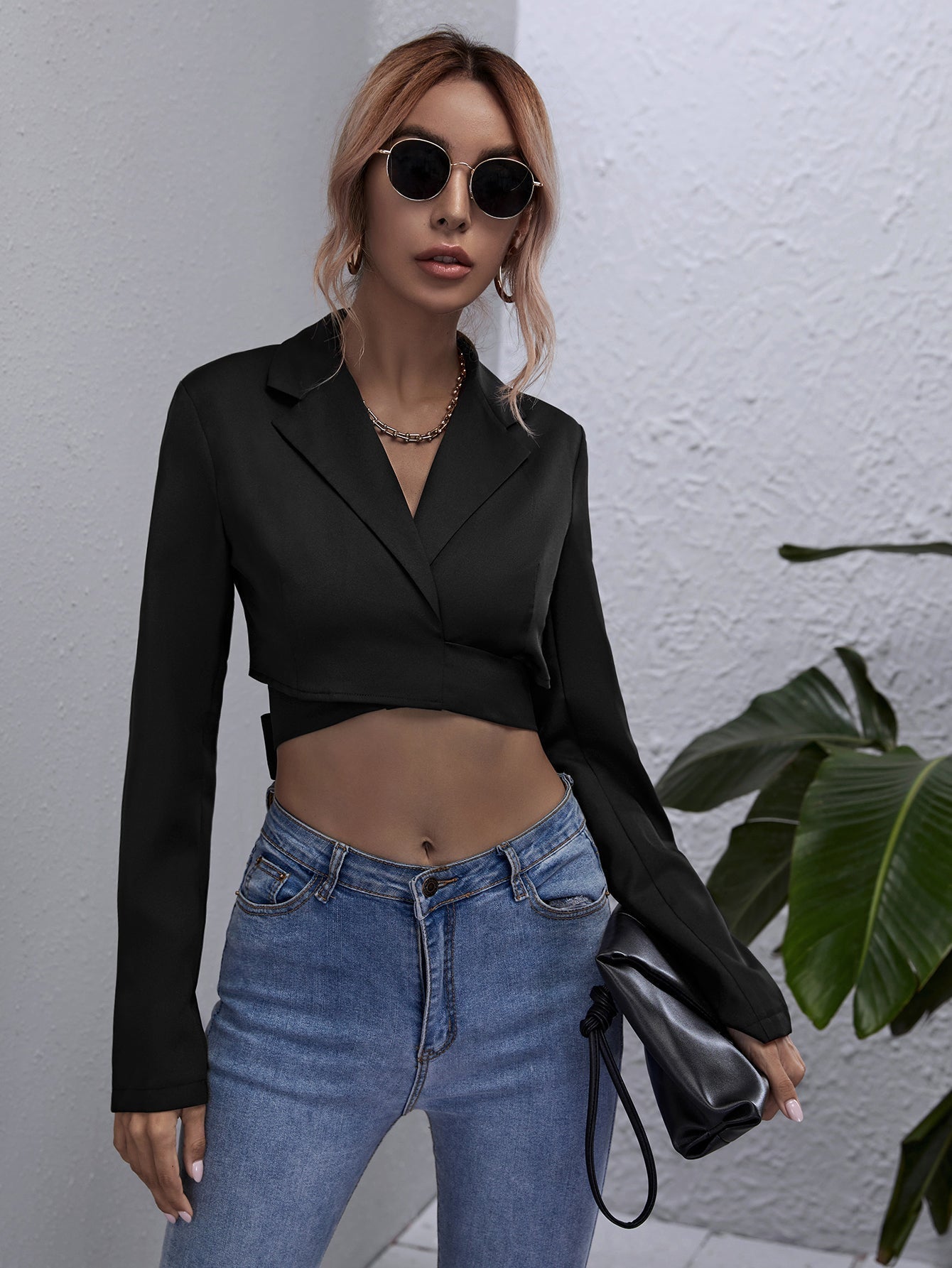fermon - Lapel Neck Tie Back Crop Blouse