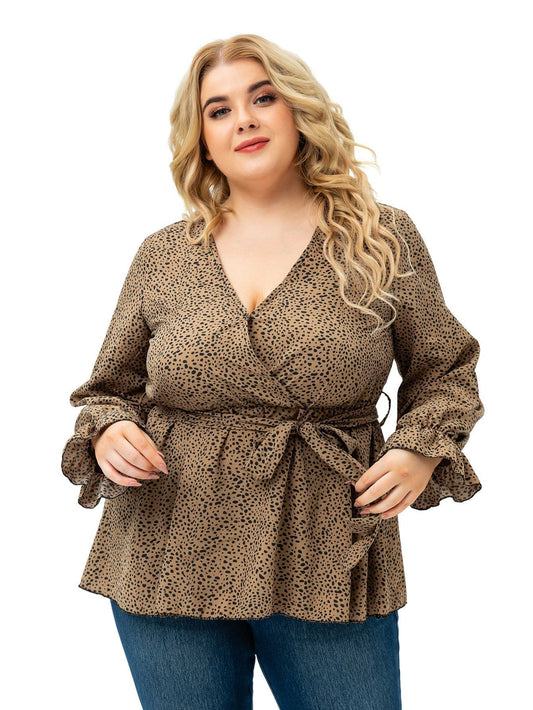 fermon - Long Sleeve V Neck Dots with Belt Plus Size Blouse Top