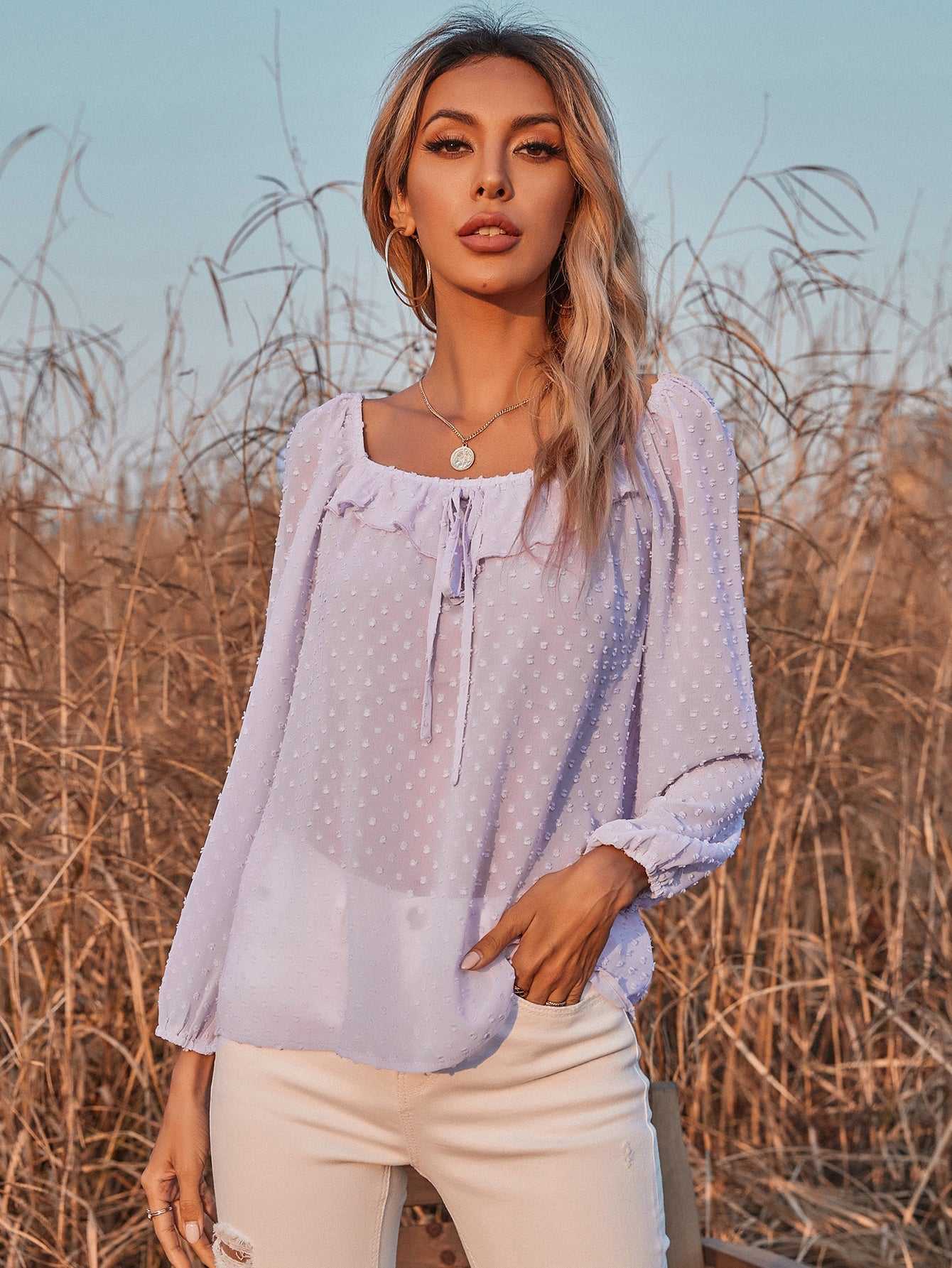 fermon - Long-sleeved Square-neck Girly Fairy Style Blouse