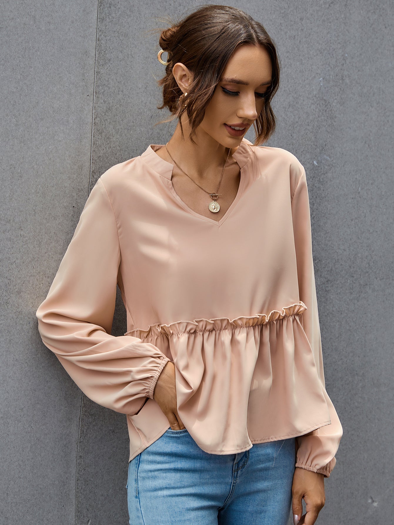 fermon - Notched Neck Lettuce Trim Blouse