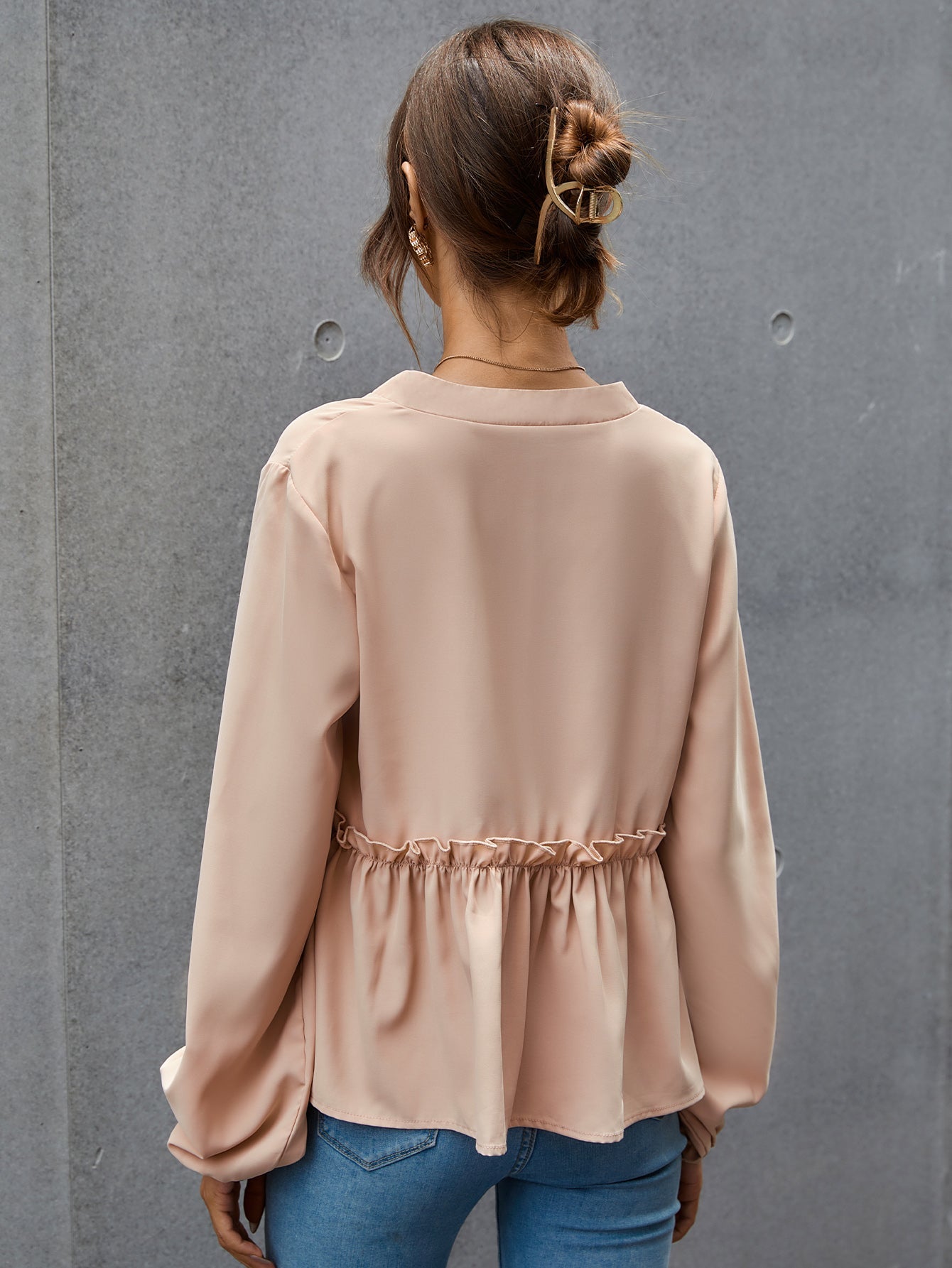 fermon - Notched Neck Lettuce Trim Blouse