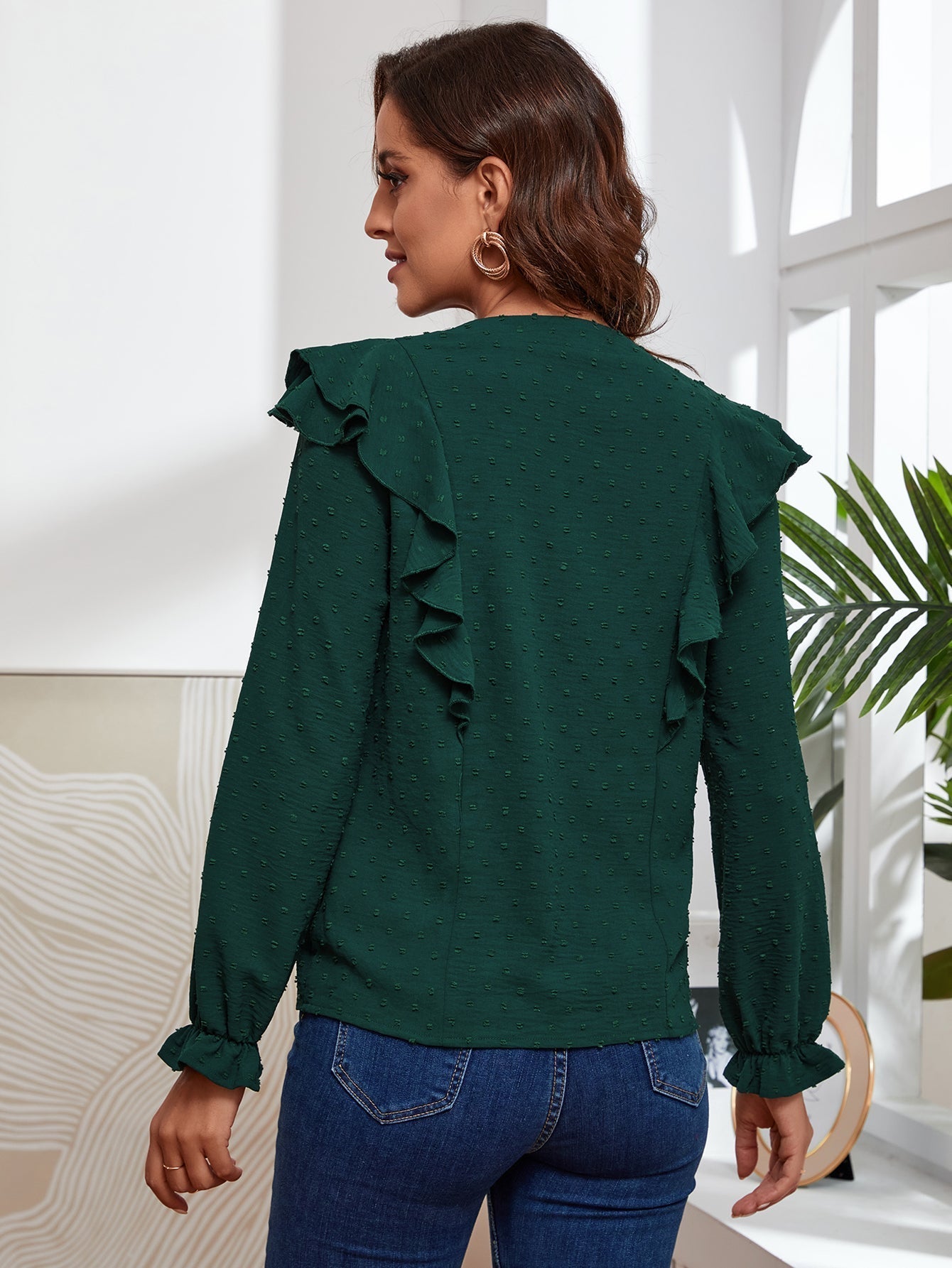 fermon - Notched Neck Ruffle Hem Blouse