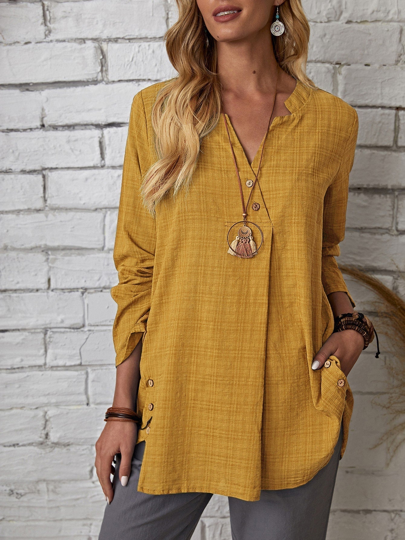 fermon - Plaid Notch Neck Blouse