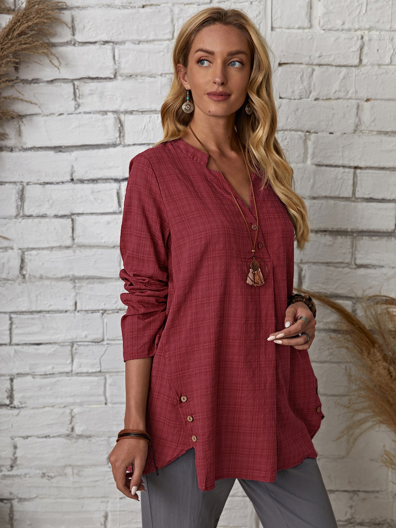 fermon - Plaid Notch Neck Blouse