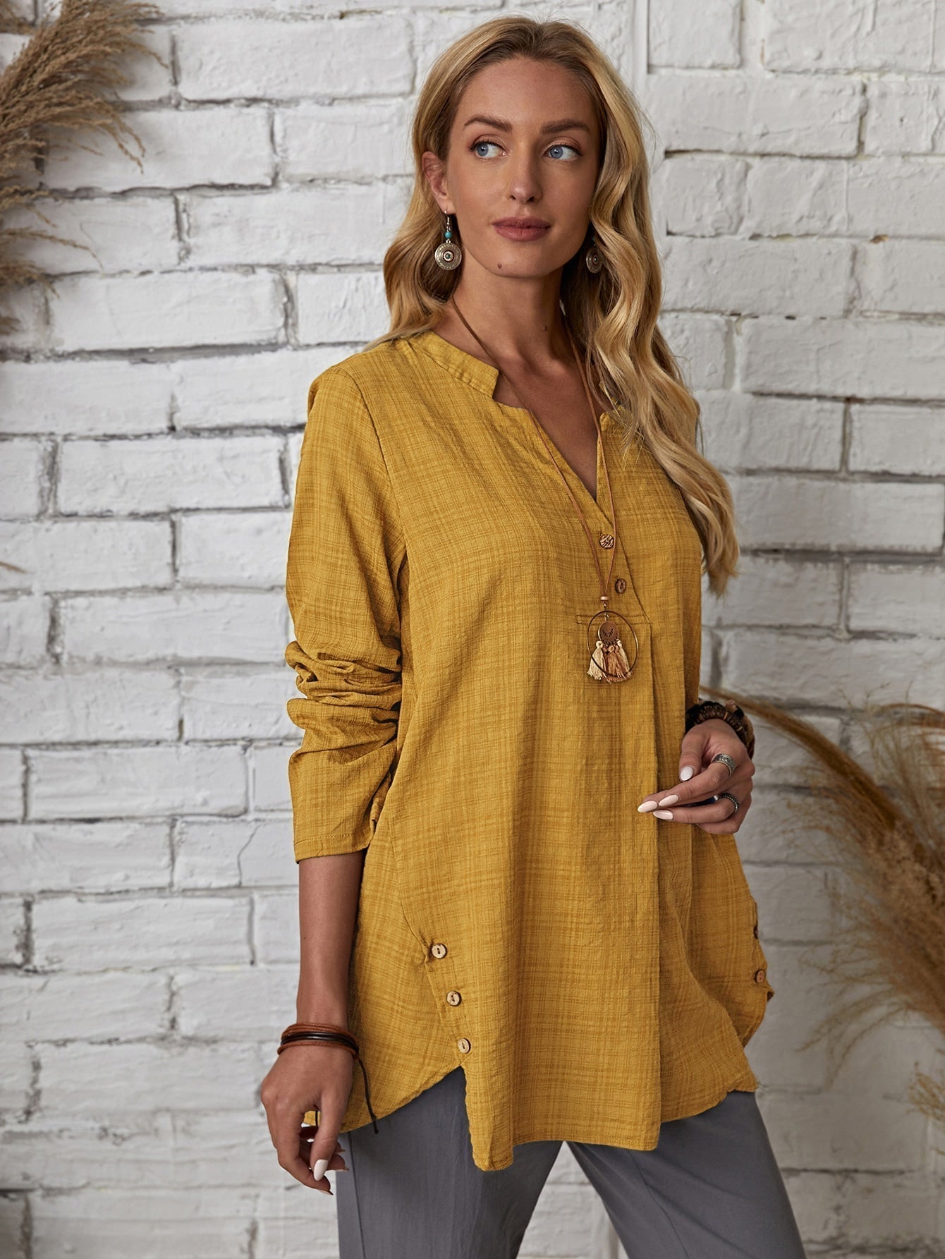 fermon - Plaid Notch Neck Blouse