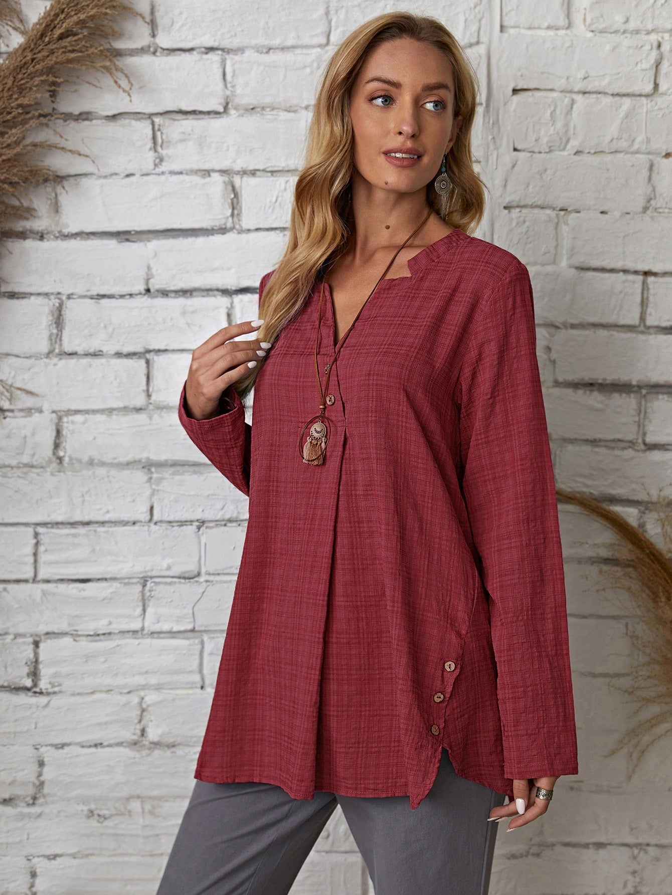 fermon - Plaid Notch Neck Blouse