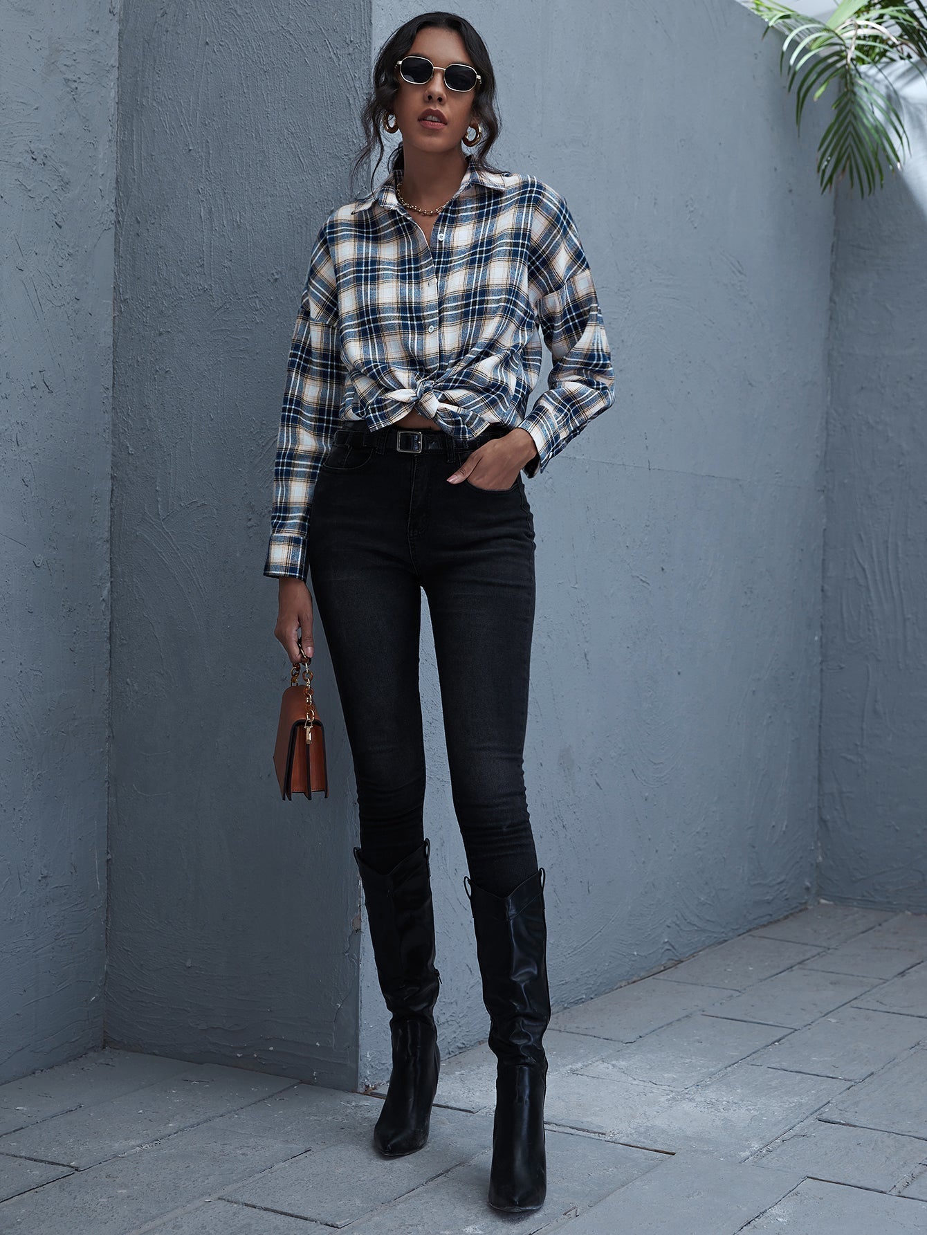 fermon - Plaid Print Drop Shoulder Blouse